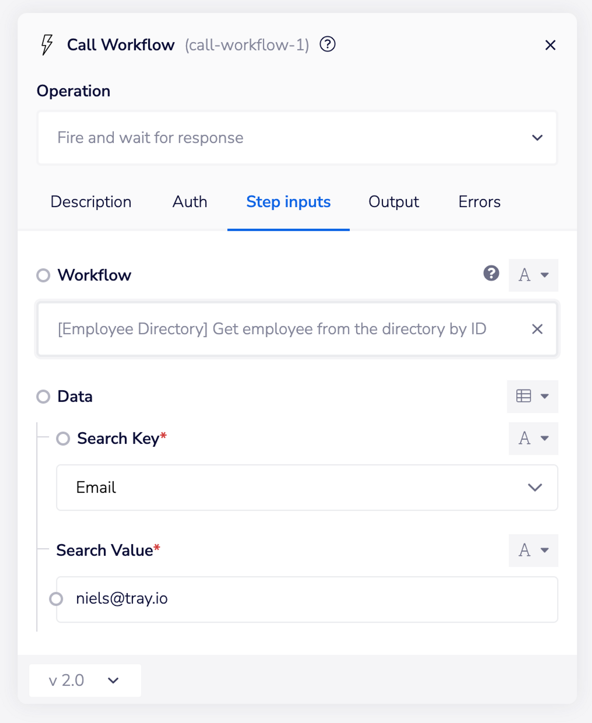 Employee Directory Callable: Lookup by email input schema